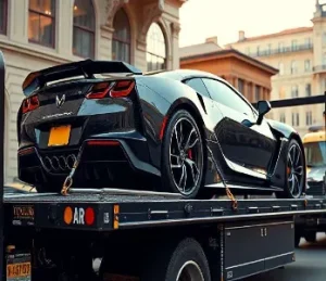 A sleek black sports car is securely strapped onto a flatbed tow truck on a city street. The scene is set against classic architectural buildings. The car features a prominent spoiler and dual exhaust pipes.