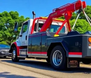 A tow truck with a red and black design is parked on a sunny road. Green trees are visible in the background, and a black car is connected to the truck, ready to be towed.