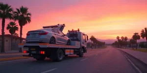 A silver car is being towed on a flatbed truck down a deserted palm-lined road at sunset, with a vibrant pink and orange sky in the background.