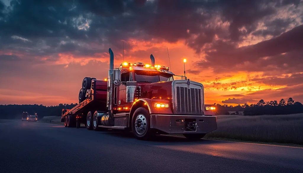 A large red semi-truck with bright headlights drives on a road at sunset, carrying heavy equipment on its flatbed trailer. The sky is dramatically lit in shades of orange and purple, with scattered clouds.