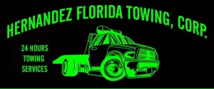 A black background with bright green text and an illustration. It reads "Hernandez Florida Towing, Corp." with "24 Hours Towing Services" beside a graphic of a tow truck facing forward.