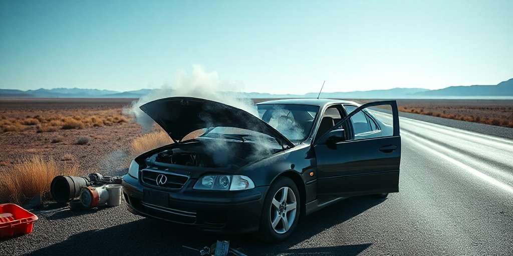 A black car is parked on the side of a deserted road with its hood open, and steam rising from the engine. The driver's door is ajar, and a red toolbox is nearby. The landscape is dry and barren with distant mountains under a clear blue sky.