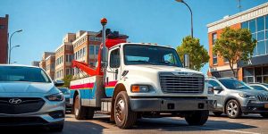 A cheap tow truck is parked on a street, surrounded by cars. The background features multi-story buildings and trees under a clear blue sky, offering reliable services just around the corner.