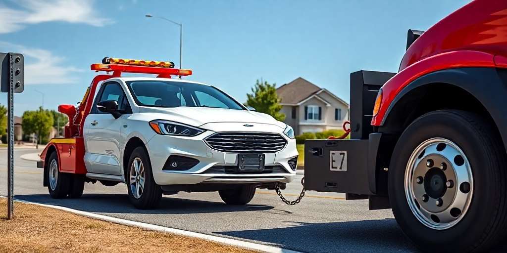 A white car is being towed by a red tow truck on a suburban street. The tow truck has its lights on, and the vehicles are on a sunny road lined with grass and houses in the background.