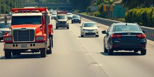 A sunny highway scene with five vehicles in motion. A large orange truck and black sedan are prominent in the foreground, while three other cars are further ahead. Lush green trees line the road, and traffic signs are visible in the background.