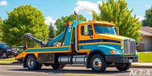 A colorful tow truck with yellow, green, and blue accents, representing the cheapest towing service in town, is parked on a suburban street with trees and houses in the background.