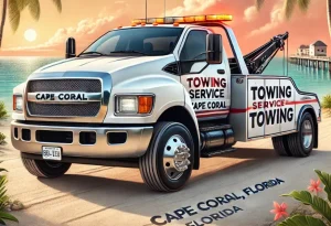 A tow truck labeled "Cape Coral Towing Service" is parked at a beachside location with palm trees and a pier. The sunset sky casts a warm glow over the scene. The text on the road reads "Cape Coral, Florida.