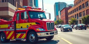 A bright red fire truck with yellow stripes drives down a city street among other vehicles. Tall buildings and a clear sky are visible in the background.