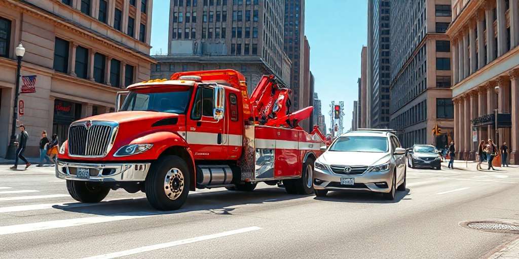 A red tow truck is driving alongside a silver car on a city street surrounded by tall buildings. The scene is captured during the day under a clear blue sky. Pedestrians are visible in the background.