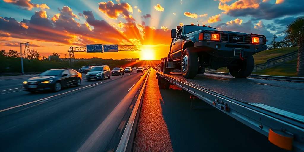 A truck transports a black SUV on a highway at sunset. Sun rays burst through clouds, casting a dramatic glow on vehicles in both lanes. Road signs and greenery are in the background, enhancing the scene's vibrant, dynamic atmosphere.